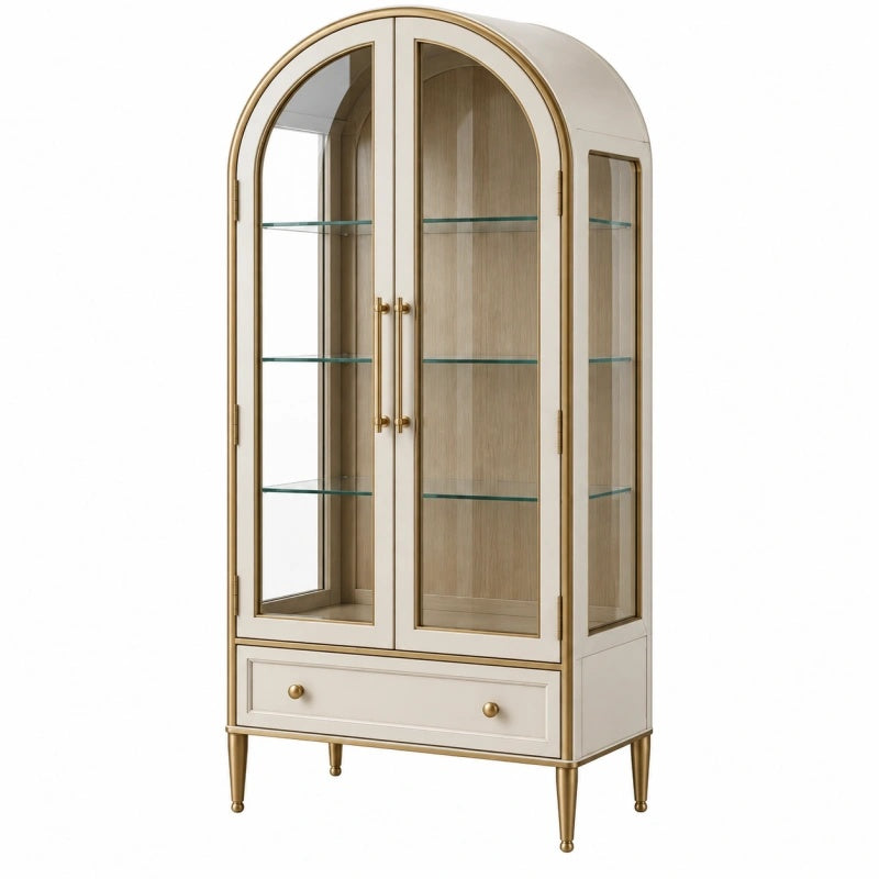 Vitrine 90 x 45 x 190 cm aus Glas und Holzwerkstoff Creme Gold klassisch mit Schublade