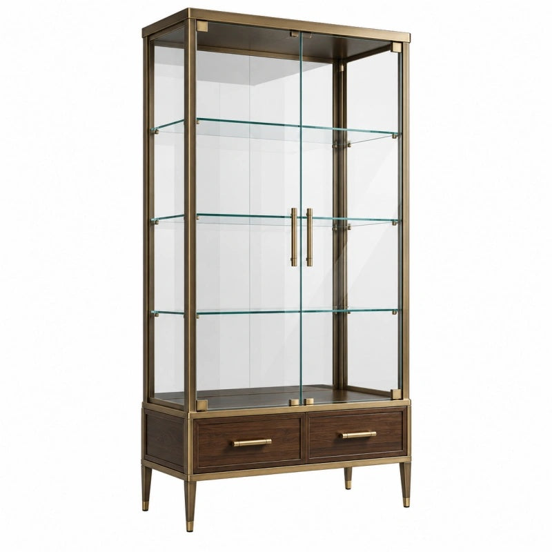 Glasvitrine 90 x 40 x 180 cm aus Metall Glas und Holz in Braun Bronze mit Schubladen