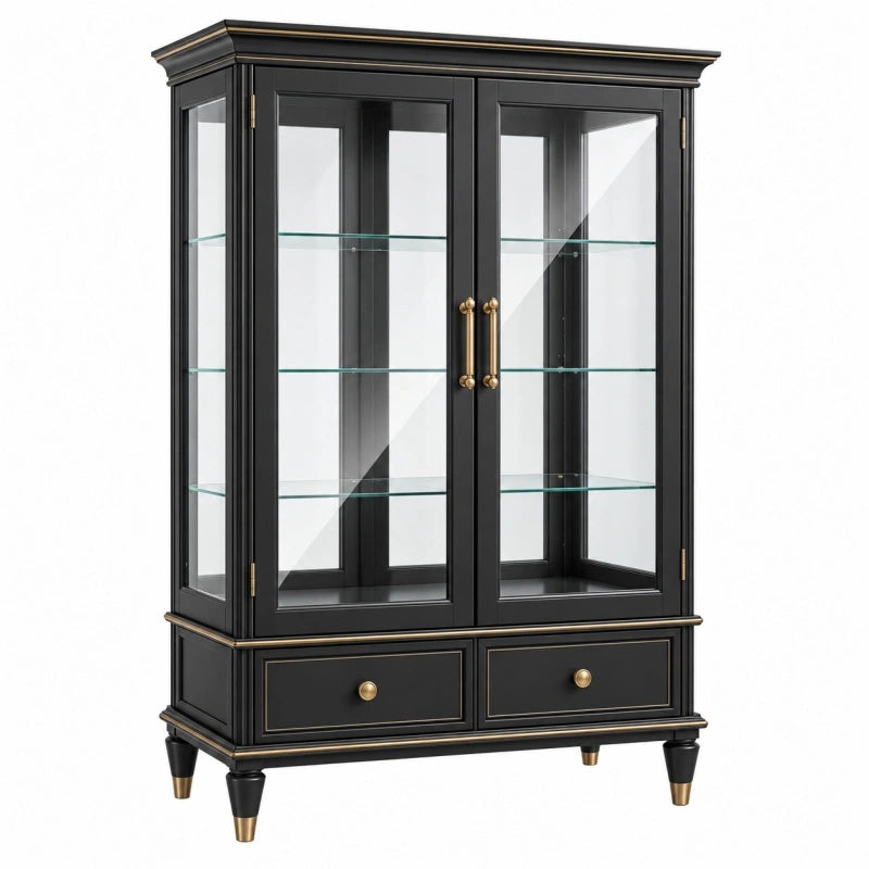 Vitrine 100 x 45 x 190 cm aus Holz und Glas in Schwarz Gold mit 2 Türen und 2 Schubladen