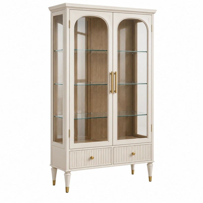 Vitrine 100 x 40 x 190 cm Holzwerkstoff Glas Cremefarben Wohnzimmer Klassisch mit Schubladen