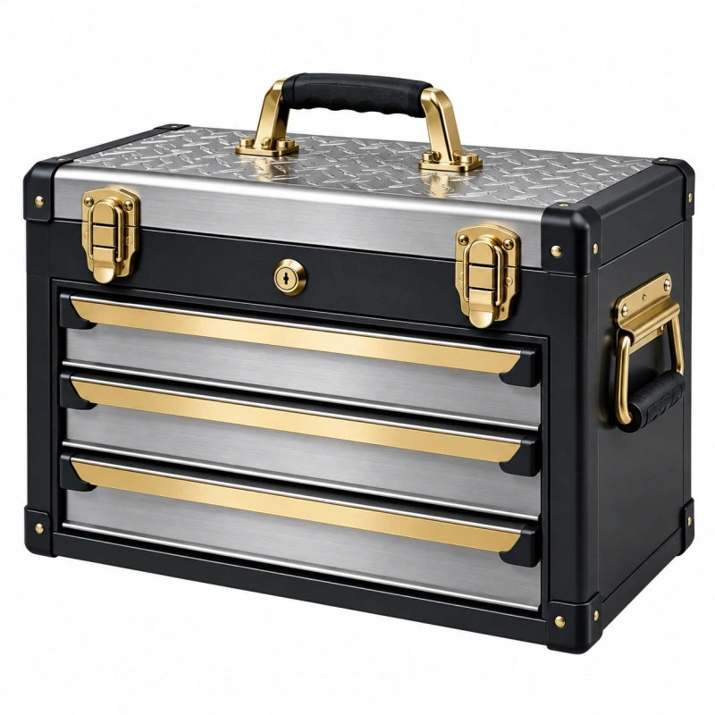 Werkzeugkoffer 50 x 25 x 35 cm aus Metall in Schwarz Silber Gold mit vier Schubladen und Tragegriff