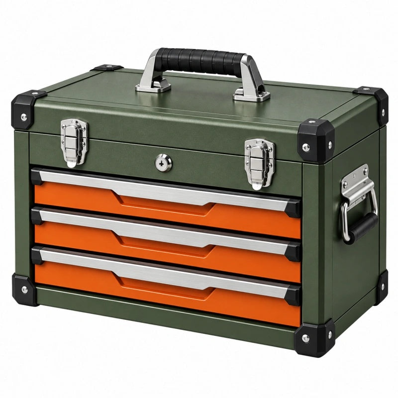 Werkzeugkiste 60 x 30 x 35 cm aus Metall Grün Orange mit 3 Schubladen abschließbar