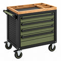 Werkzeugwagen 77 x 46 x 91 cm aus Stahl in Olivgrün mit Holzplatte und 5 Schubladen
