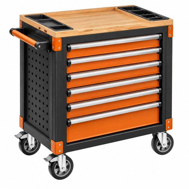 Werkzeugwagen 77 x 46 x 97 cm aus Stahl und Holz in Orange Schwarz mit 7 Schubladen