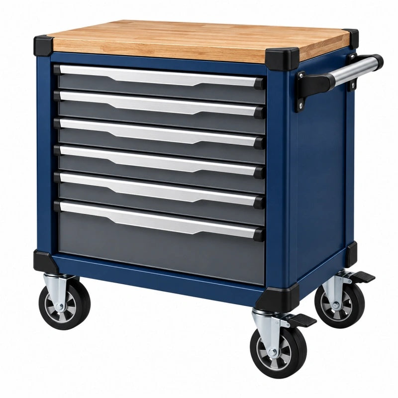 Werkstattwagen 77 x 46 x 97 cm aus Stahl Blau mit Holzarbeitsplatte und 7 Schubladen
