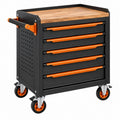 Werkzeugwagen 77 x 46 x 95 cm aus Stahl schwarz orange mit Holzarbeitsplatte und 5 Schubladen