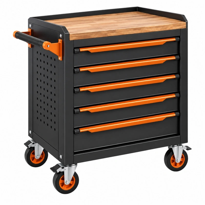 Werkzeugwagen 77 x 46 x 95 cm aus Stahl schwarz orange mit Holzarbeitsplatte und 5 Schubladen