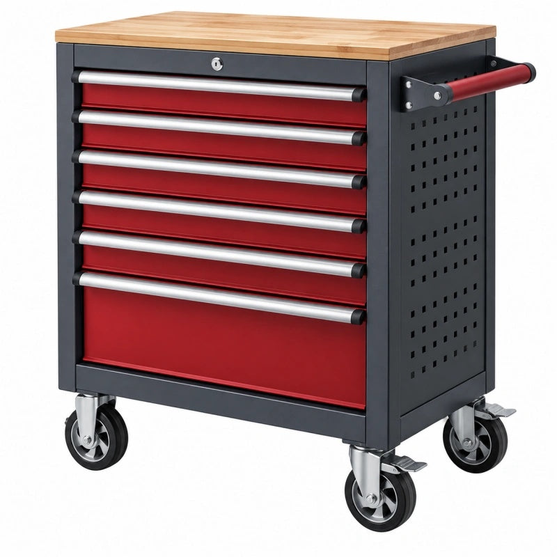 Werkzeugwagen 77 x 46 x 97 cm Stahl Rot Schwarz mit Holzarbeitsplatte und 7 Schubladen