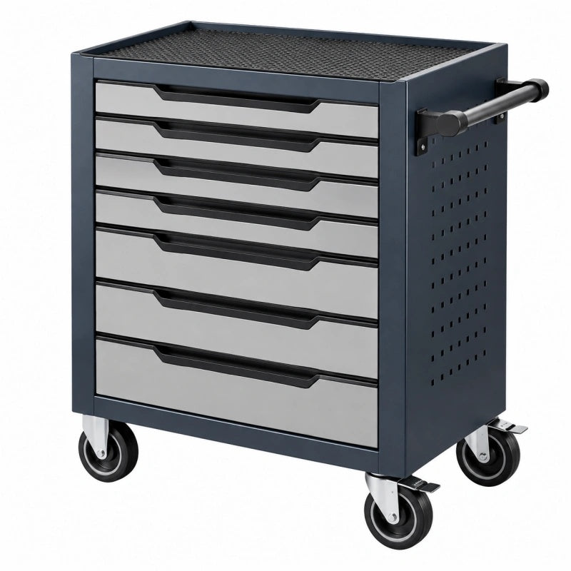 Werkstattwagen 77 x 46 x 97 cm aus Stahl in Schwarz Grau mit 7 Schubladen und Rollen