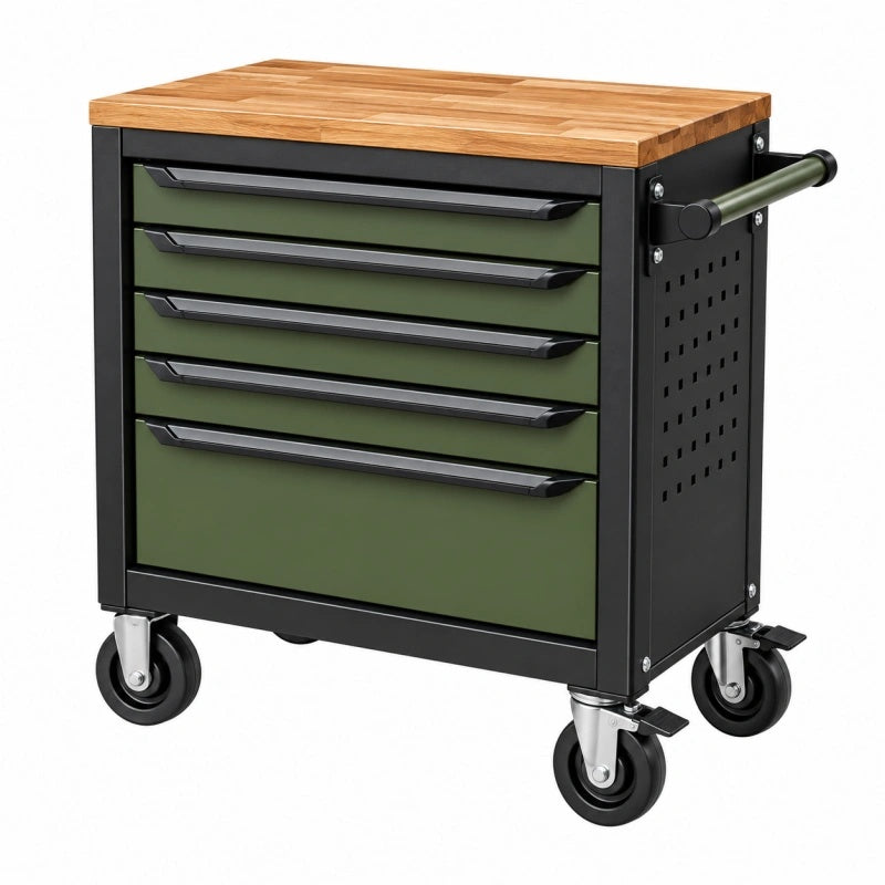 Werkzeugwagen 77 x 46 x 97 cm aus Stahl und Holz Grün Schwarz mit 5 Schubladen und Rollen