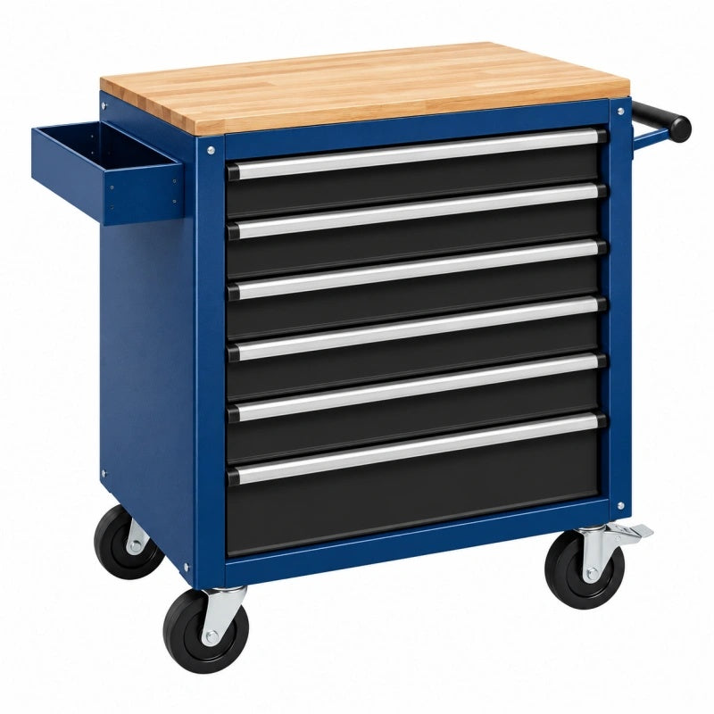 Werkzeugwagen 77 x 46 x 97 cm Stahl Holz Blau Schwarz mit 7 Schubladen