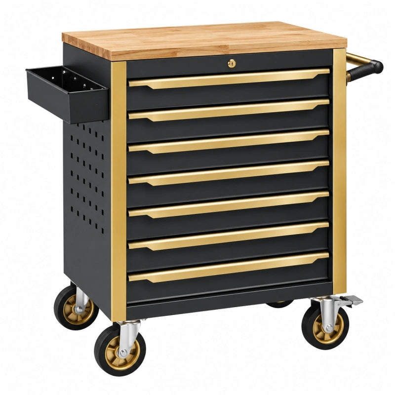 Werkstattwagen 76 x 46 x 97 cm aus Stahl schwarz gold mit Holzarbeitsplatte und 7 Schubladen