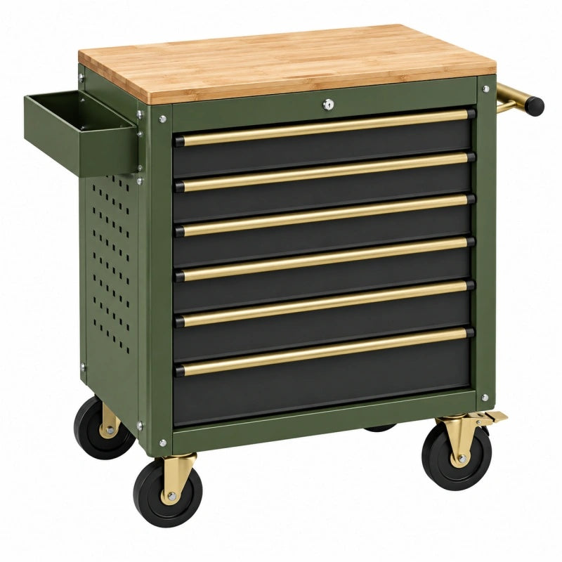 Werkzeugwagen 77 x 46 x 95 cm aus Stahl in Grün mit Holzarbeitsplatte und 6 Schubladen