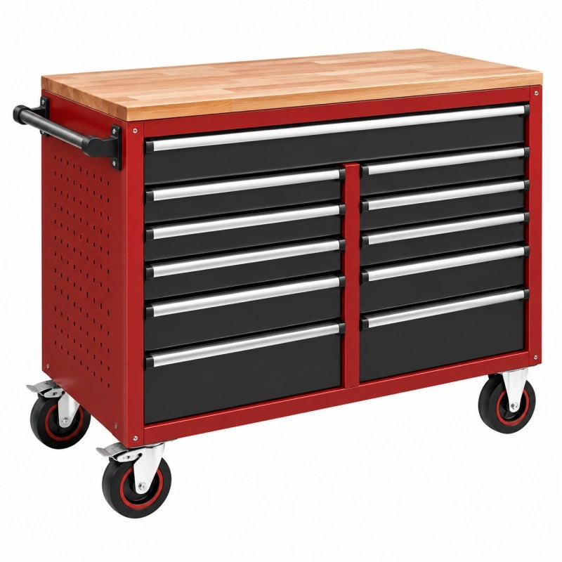 Werkzeugwagen 105 x 46 x 95 cm Stahl Holz Rot Schwarz mit 12 Schubladen