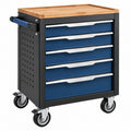 Werkzeugwagen 68 x 46 x 86 cm aus Stahl in Schwarz Blau mit Holzarbeitsplatte und 5 Schubladen
