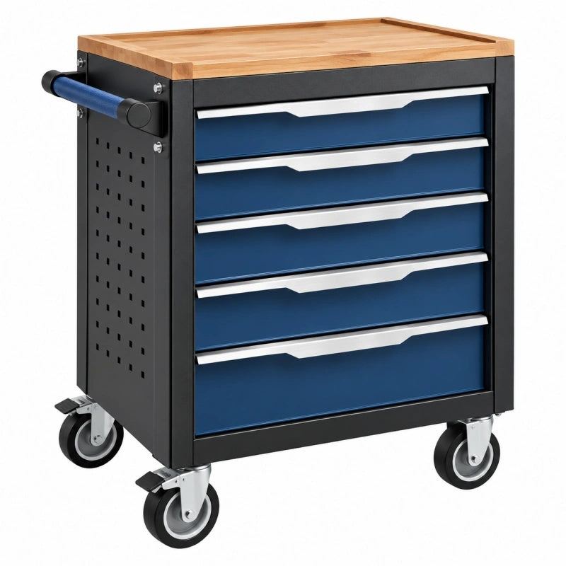 Werkzeugwagen 68 x 46 x 86 cm aus Stahl in Schwarz Blau mit Holzarbeitsplatte und 5 Schubladen