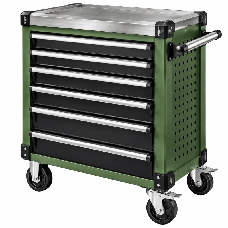 Werkstattwagen 77 x 46 x 97 cm aus Stahl Grün Schwarz mit 7 Schubladen und Rollen