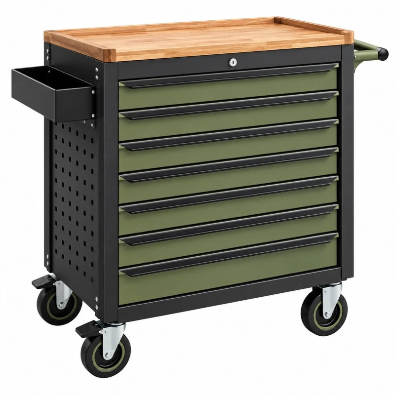Werkzeugwagen 72 x 46 x 96 cm Stahl Holz Grün Schwarz mit 7 Schubladen und Rollen